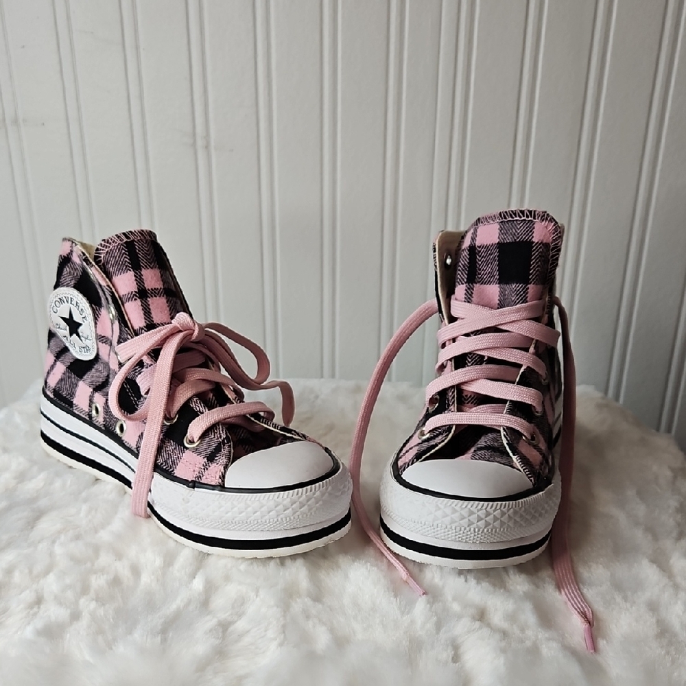 Converse Pink and Black Plaid High-Top Kids Sneakers